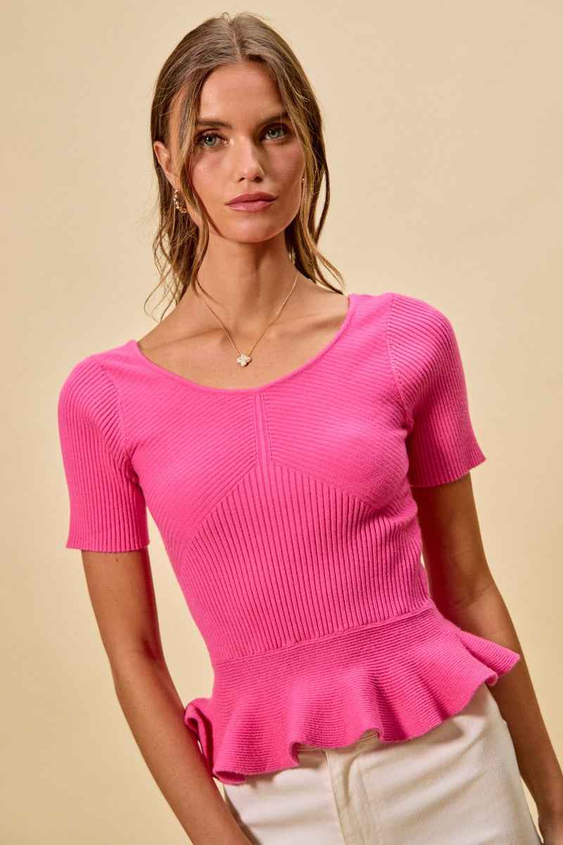 SO ME Ribbed Knit Short Sleeves Peplum Sweater Top HOT PINK 430ef8bf2ebd418882283c78af7554c0-Max