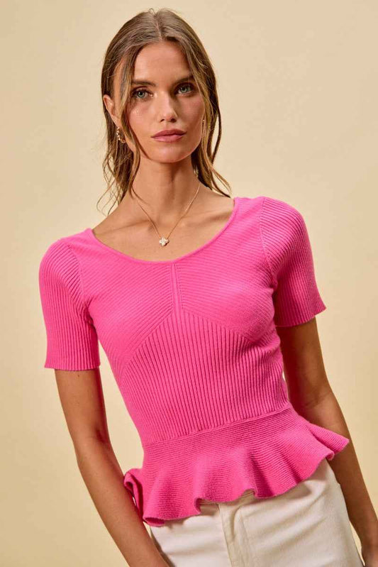 SO ME Ribbed Knit Short Sleeves Peplum Sweater Top HOT PINK 430ef8bf2ebd418882283c78af7554c0-Max
