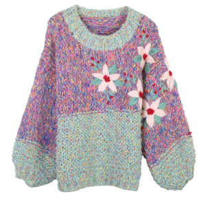 The Floral Crochet Lantern-Sleeve Sweater Purple green 43104D37C2A7EC6686142A1635DCFB1C