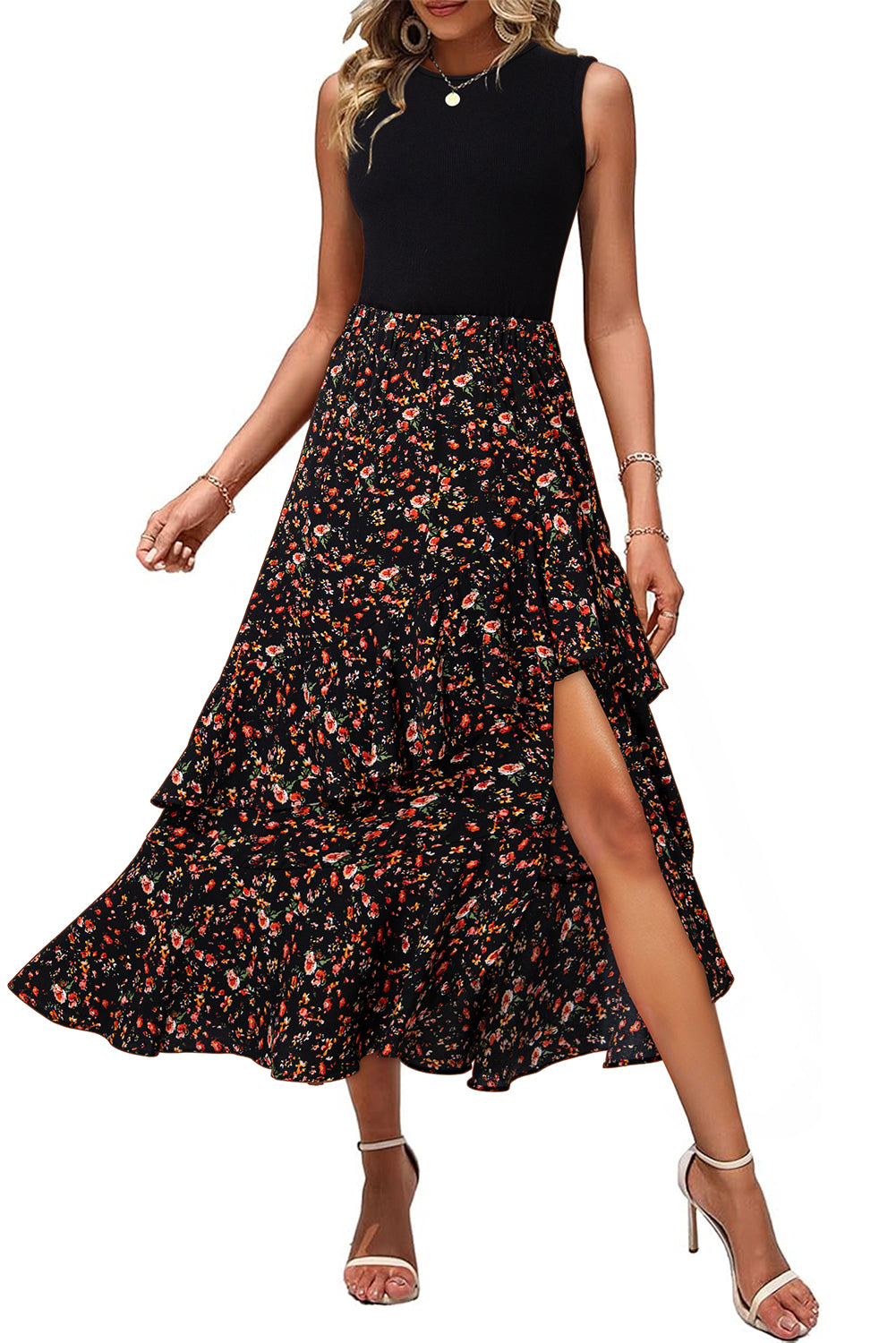 Black Floral Patchwork Asymmetric Ruffle Skirt Solid Tank Bodice Cocktail Dress 4310583a3b9111af