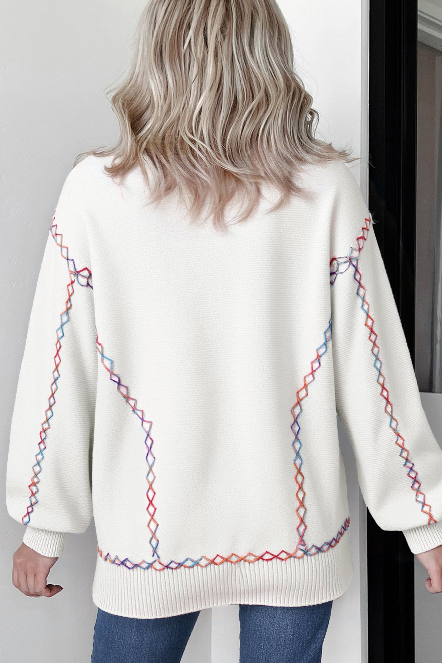 Orchid Bouquet Rainbow Stitching Balloon Sleeve Relaxed Sweater 4310ac28d29659d0