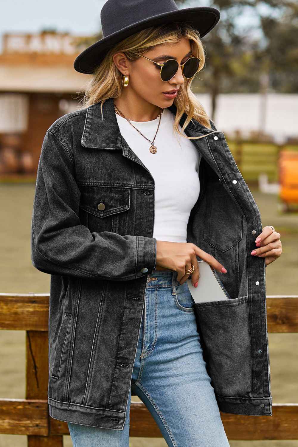 Buttoned Collared Neck Denim Jacket with Pockets 4313e1e28179428b841e3bf06daead5f-Max