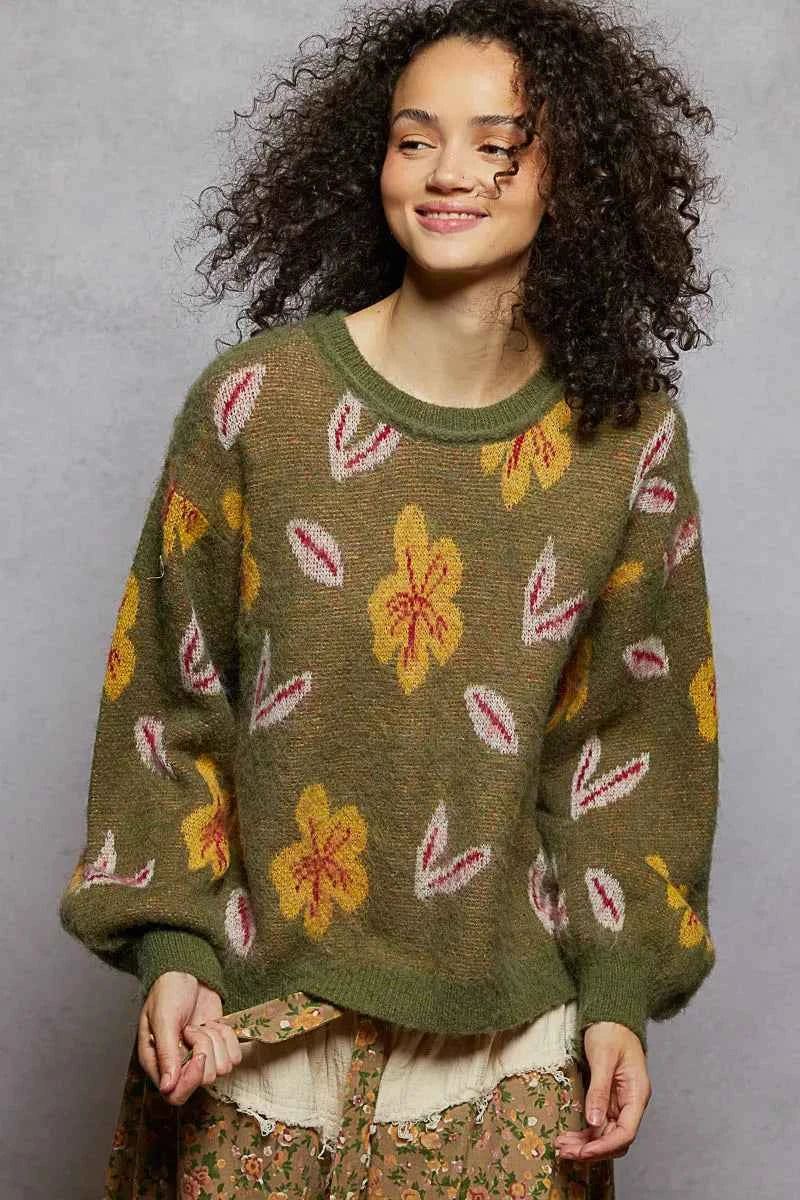 POL Floral Pattern Round Neck Balloon Sleeve Sweater 43152915-d097-4fd0-93bf-ba2cf3dd4e8a-Max-Origin