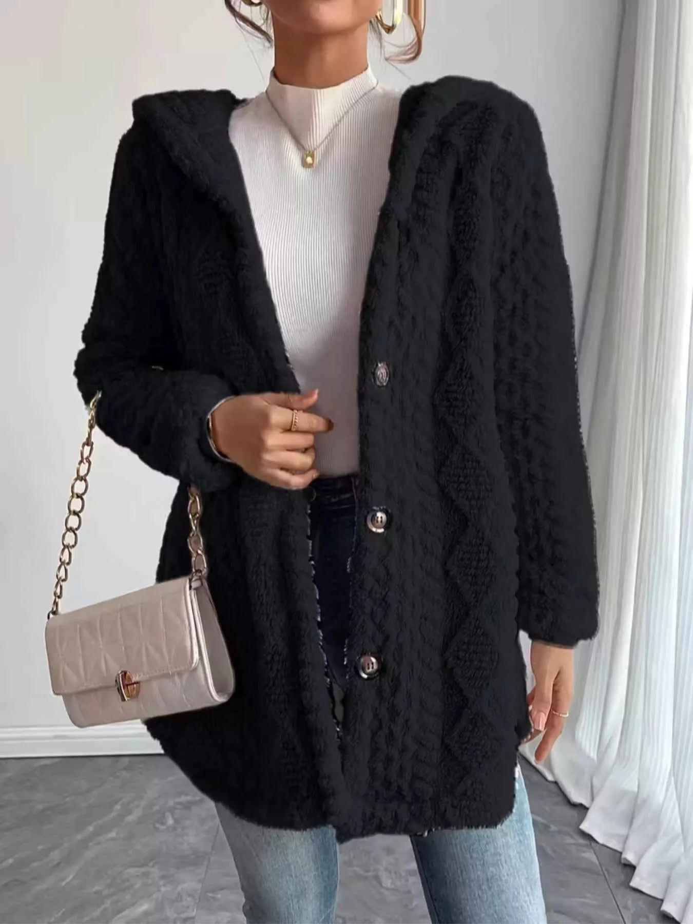 Cozy Textured Button-Front Hooded Outerwear Black 43156be968e64b1aae677adb2079b93b-Max-Origin