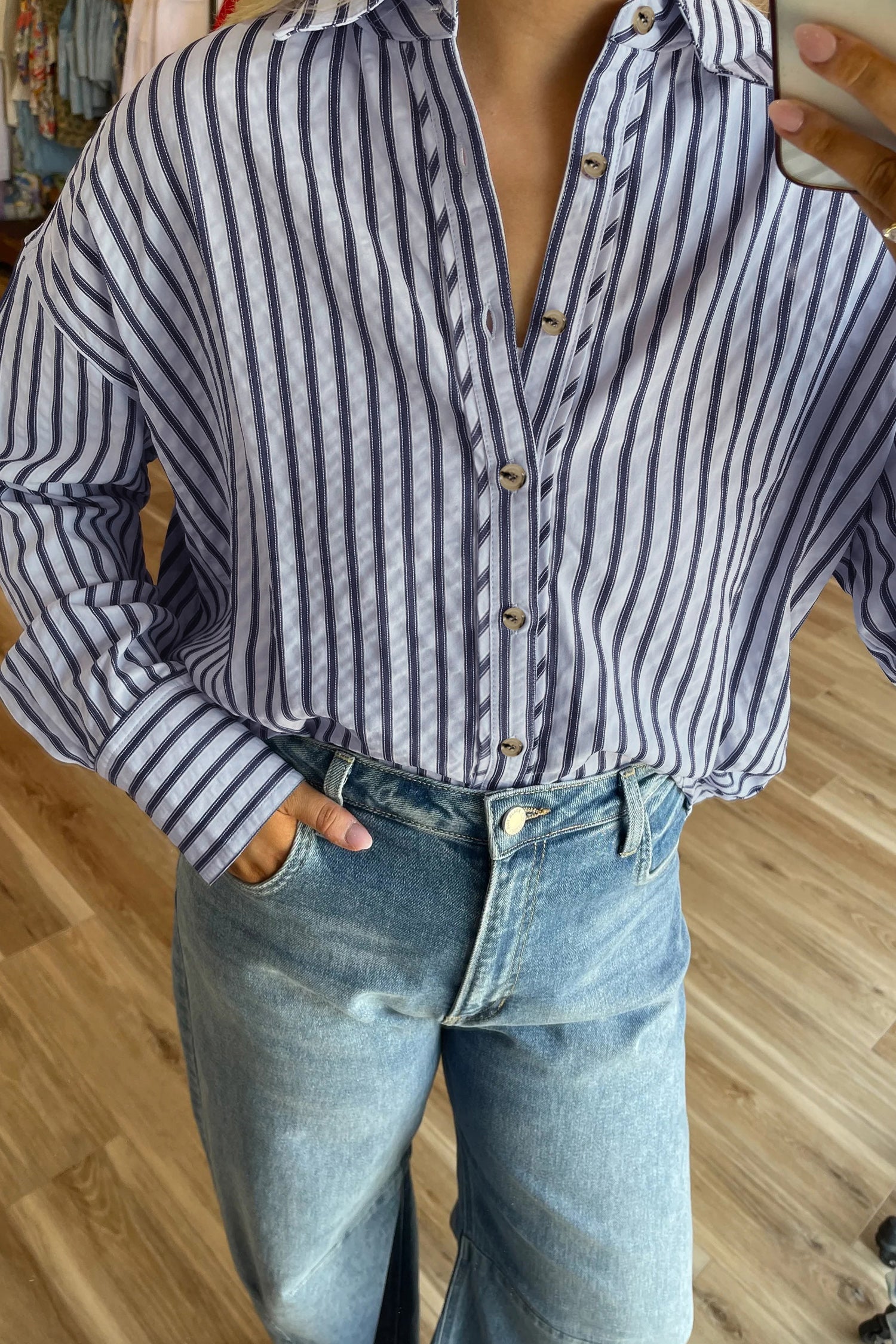 Blue Stripe Button Down Long Sleeve Loose Shirt 4326bfba2dcb07fc