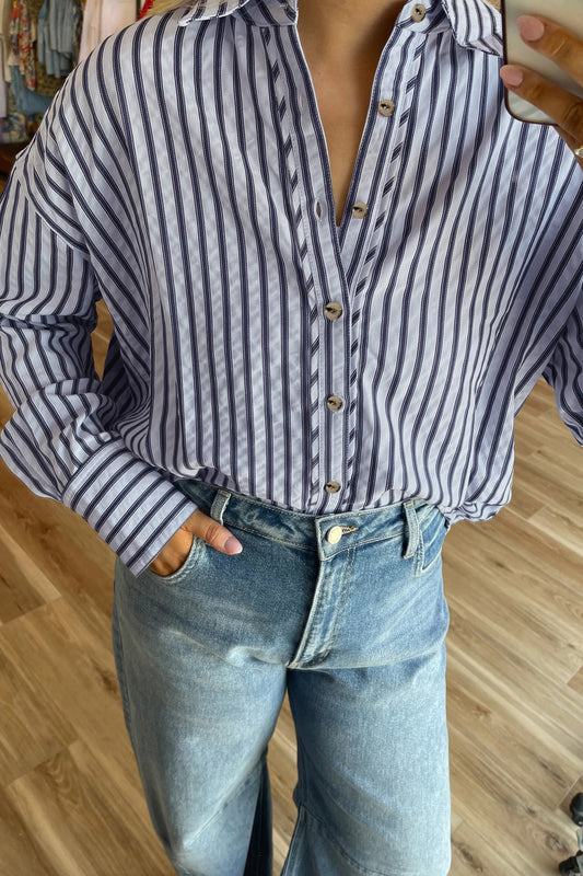 Blue Stripe Button Down Long Sleeve Loose Shirt 4326bfba2dcb07fc