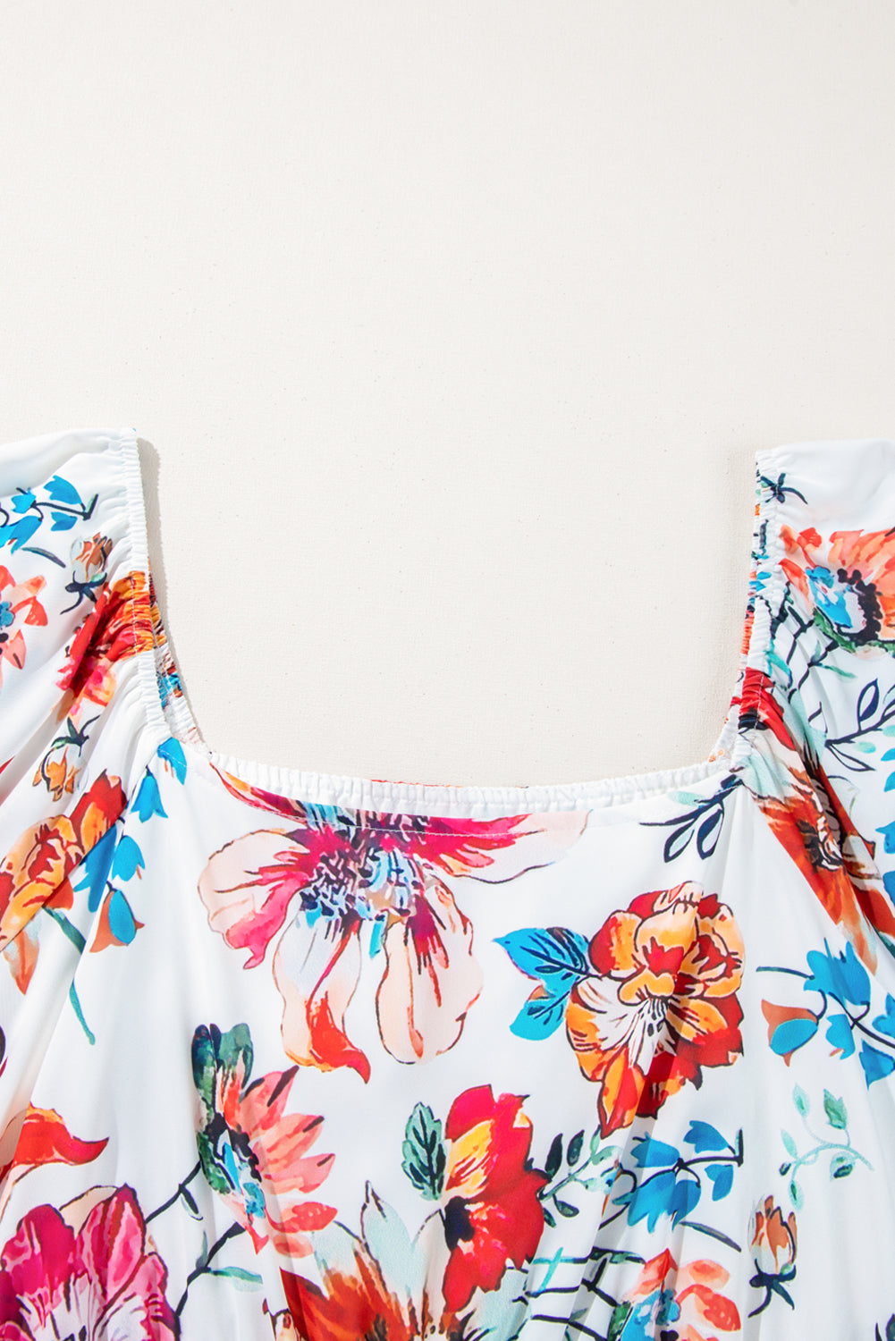 White Floral Square Neck Puff Sleeve Flowy Plus Size Midi Dress 432b7398ba68fd54