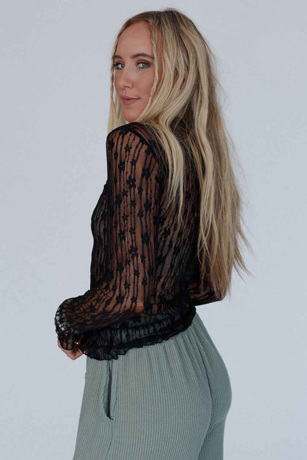 Black Sheer Floral Lace Long Sleeve Slim Fit Top 432d297b5b400426
