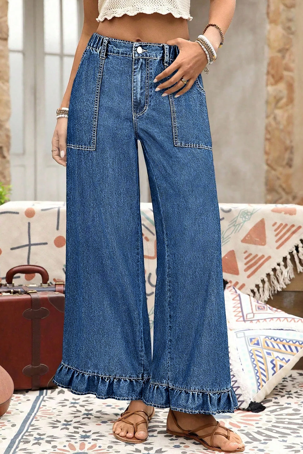 Sail Blue Plus Size Elastic Waist Ruffled Wide Leg Denim Pants Sail Blue 72%Cotton+26%Polyester+2%Elastane 4330d65c18ae3e7b