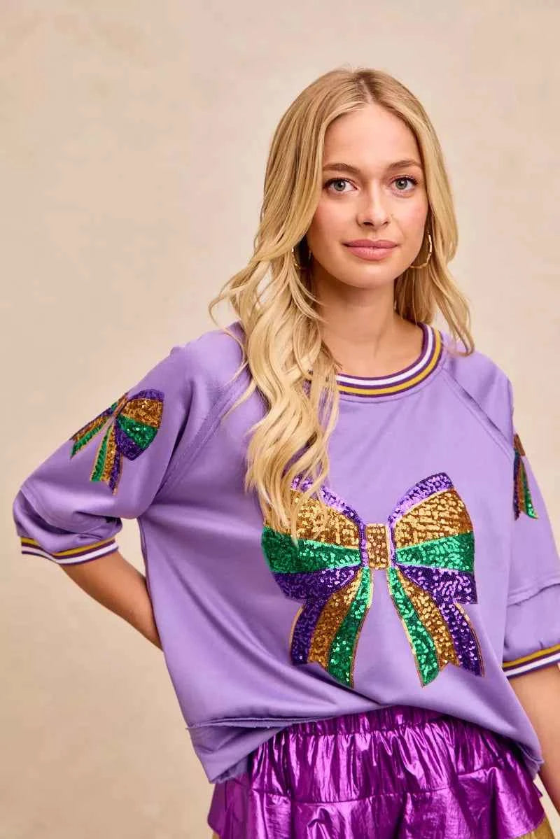 BiBi Mardi Gras Theme Ribbon Sequin Patched Top 4332ba0038ec445299e4a412d75019f9-Max-Origin