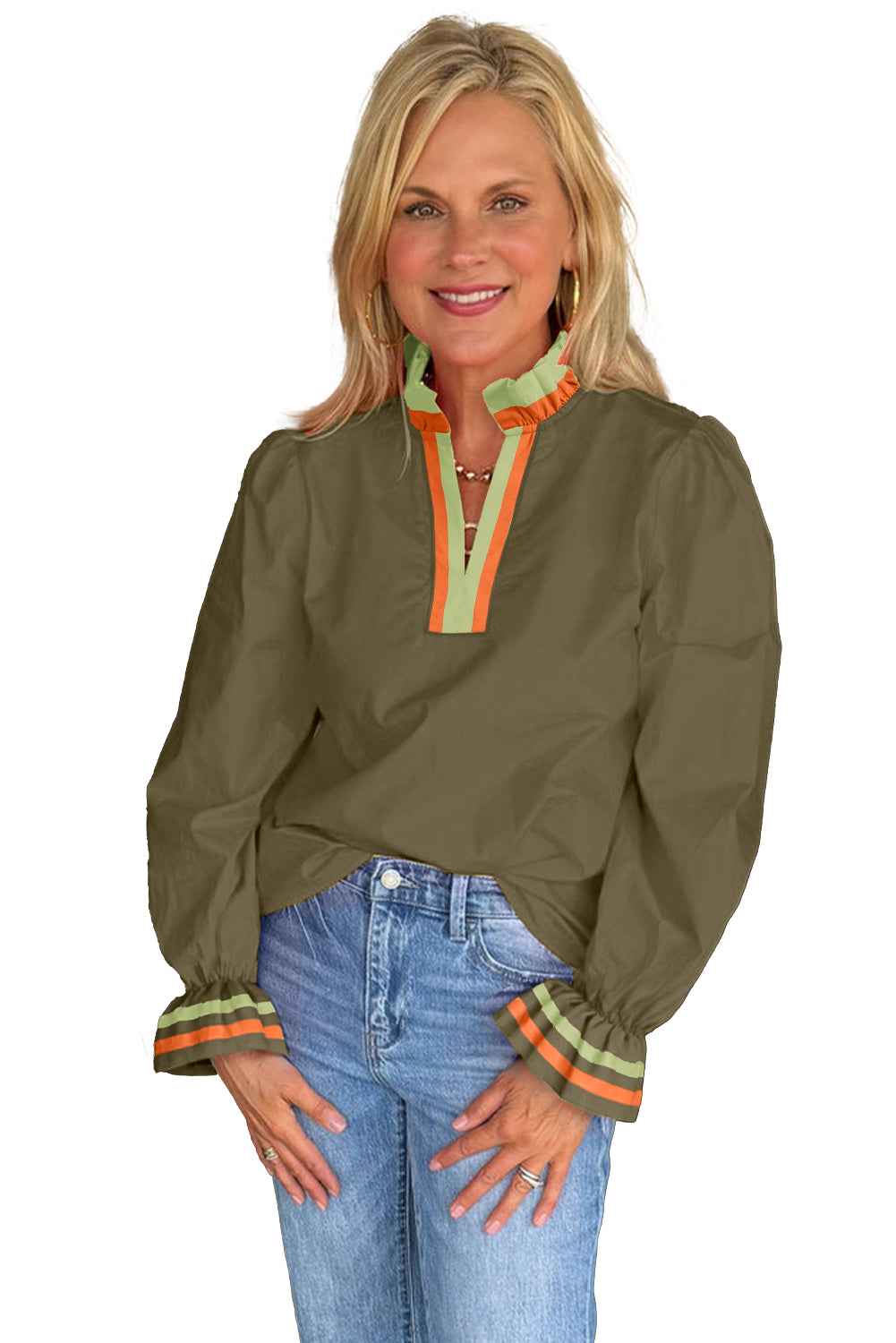 Black Striped Trim Ruffle Split Neck Long Sleeve Blouse 433504c720a4a784