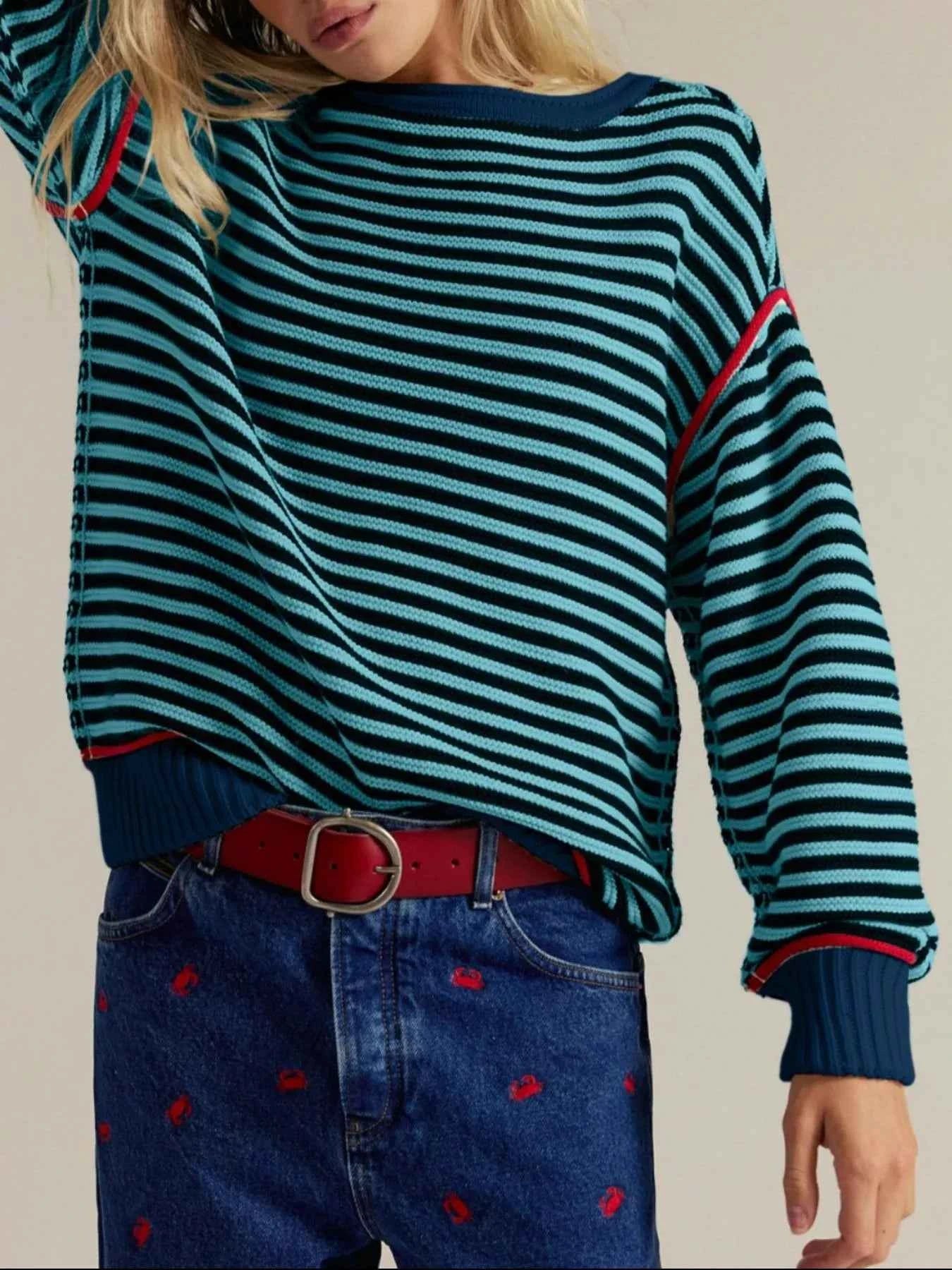 Striped Round Neck Long Sleeve Sweater Apricot 433bb00d-94d3-4b81-b6ad-2687529f74a4-Max-Origin