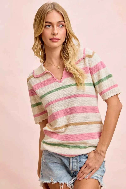 Multi Colors Stripes Collared Knit Top 433d2d39f1474f0b806569478d4f56f6-Max-Origin