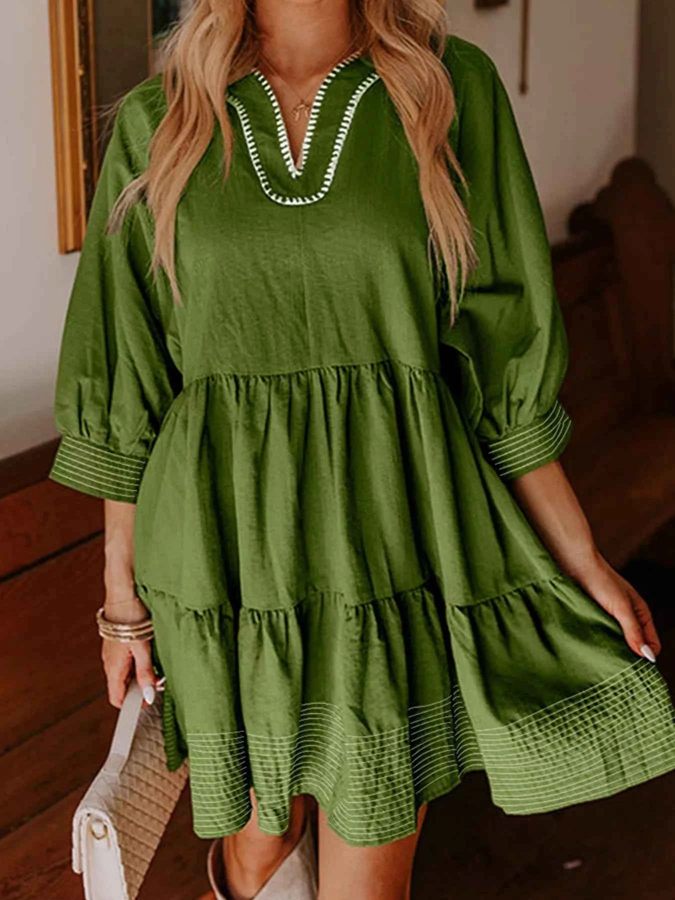 Striped Hem 3/4 Sleeve Tiered Dress 433feb8536424b5fb721f6617a9f3755-Max-Origin