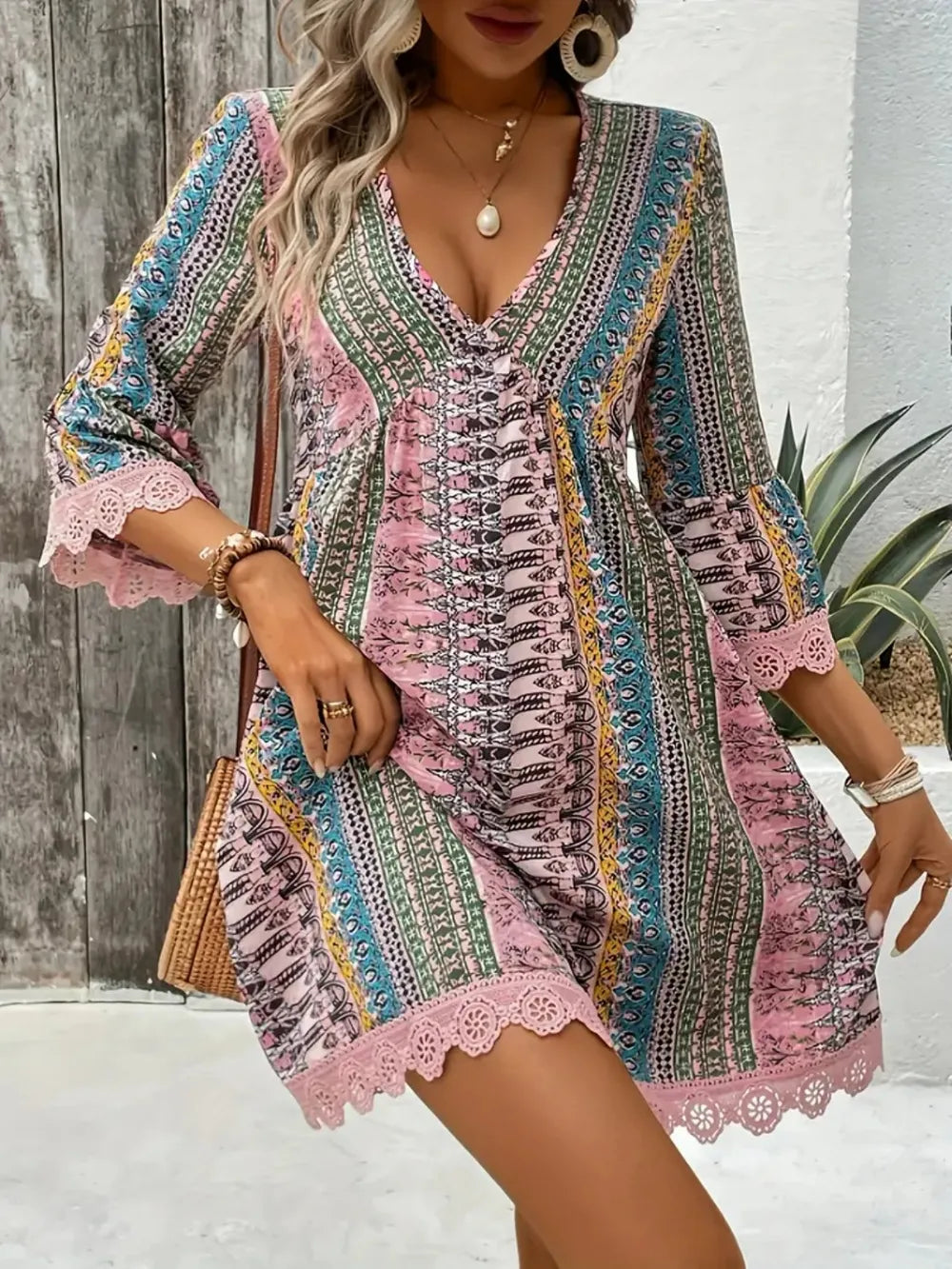 Lace Trim Printed V-Neck 3/4 Sleeve Dress 43415624-18d0-4316-b1a0-409d22983ba0-Max
