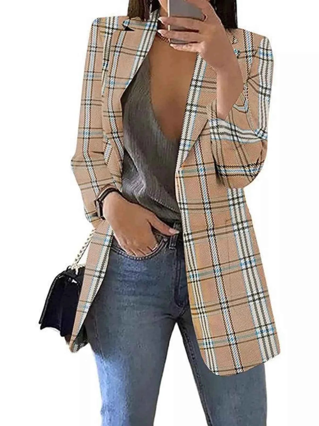 Plaid Lapel Collar Blazer Tan 434a515a-c6df-4a2d-a0b8-acc608119d82-Max-Origin