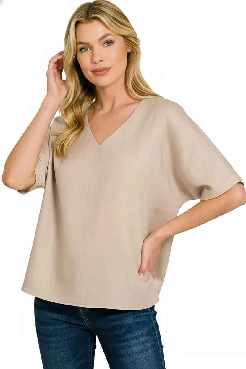 Zenana Linen V-Neck Cuffed Sleeve Top 434ac9a7-94b2-4c56-b030-55649059e0d5-Max-Origin