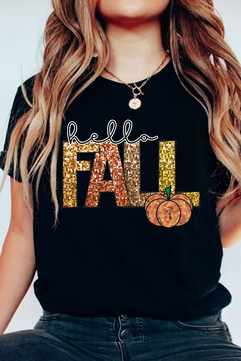 Black Hello Fall Letter Pumpkin Heat Transfer Printing T Shirt 434d83b2c889d1c5