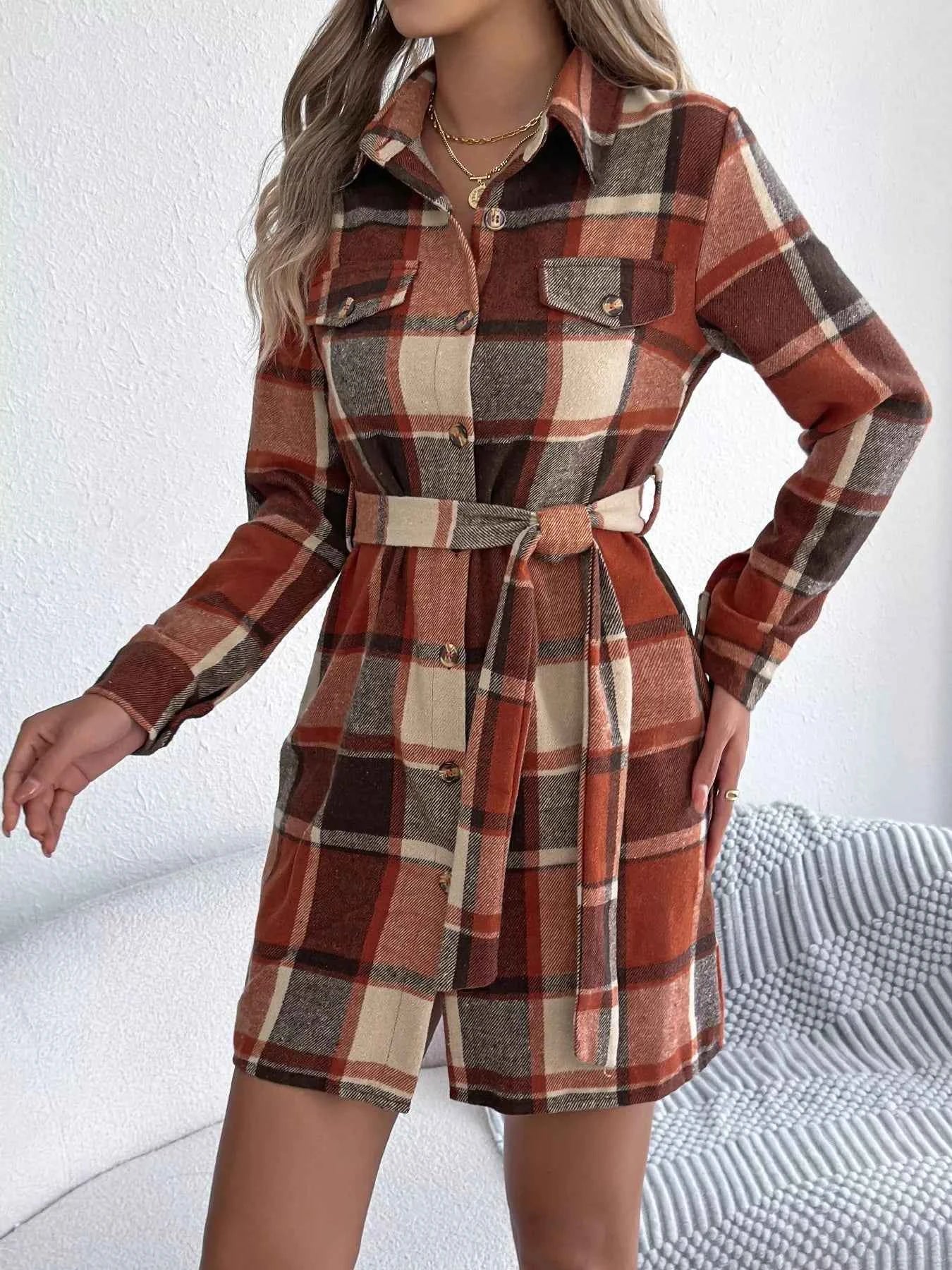 Plaid Button Front Tie Waist Shirt Dress 434f9a2edac14f4f8849a7d7f3faaf41-Max-Origin