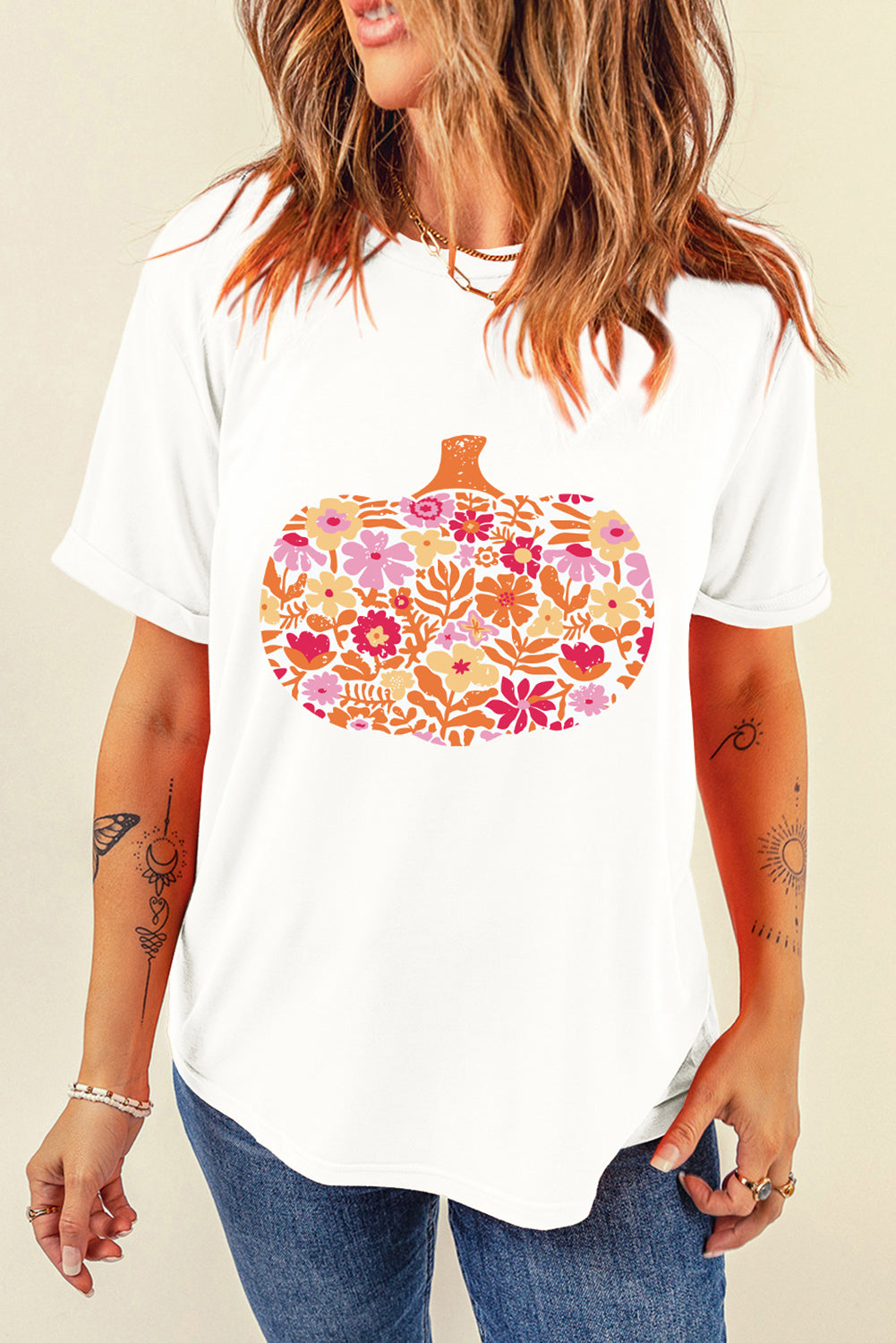 White Floral Pumpkin Heat Transfer Printing Graphic Tee 4353307741dff67b