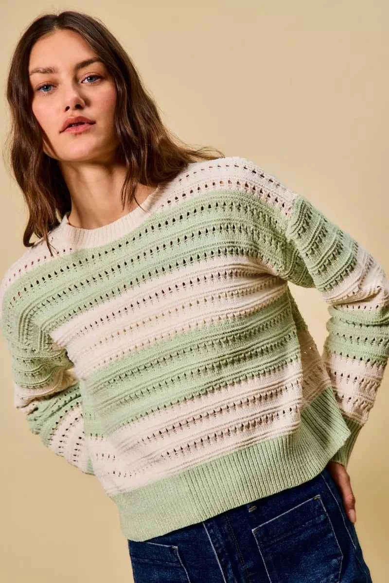 SO ME Openwork Round Neck Wide Stripe Textured Sweater 4355a577-12f6-4c05-84f8-919c6a89441c-Max-Origin