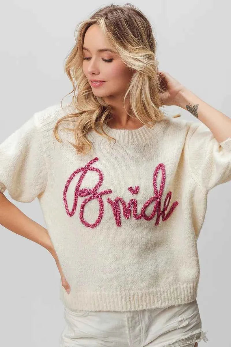BiBi Metallic Letter Short Puff Sleeve Hairy Sweater 4359f769c1fe4ae4bf3e7f2ec4644acf-Max-Origin