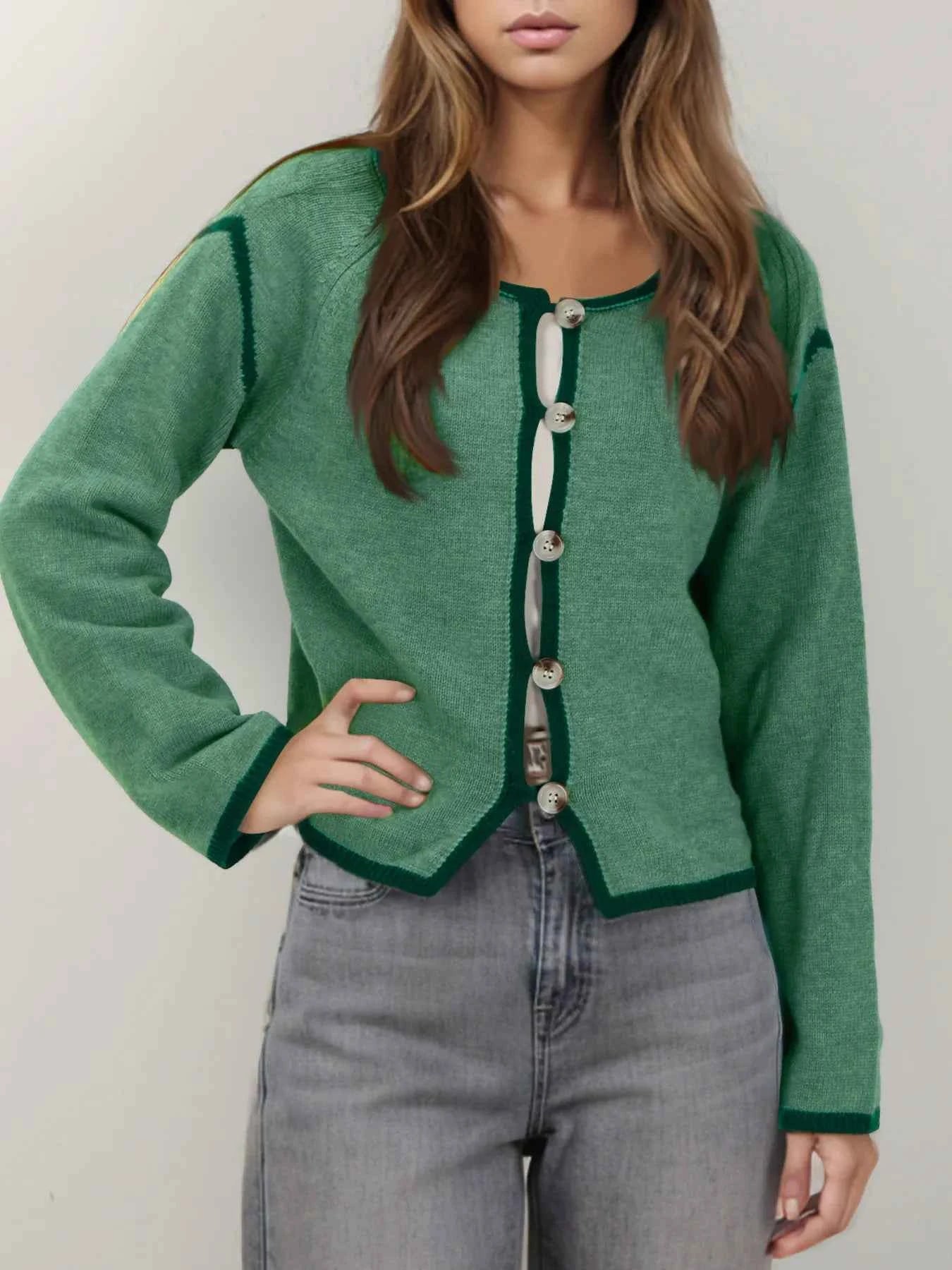 Button-Front Cardigan with Contrast Trim Green 435a0059960f4dfb97e621529cf93005-Max-Origin