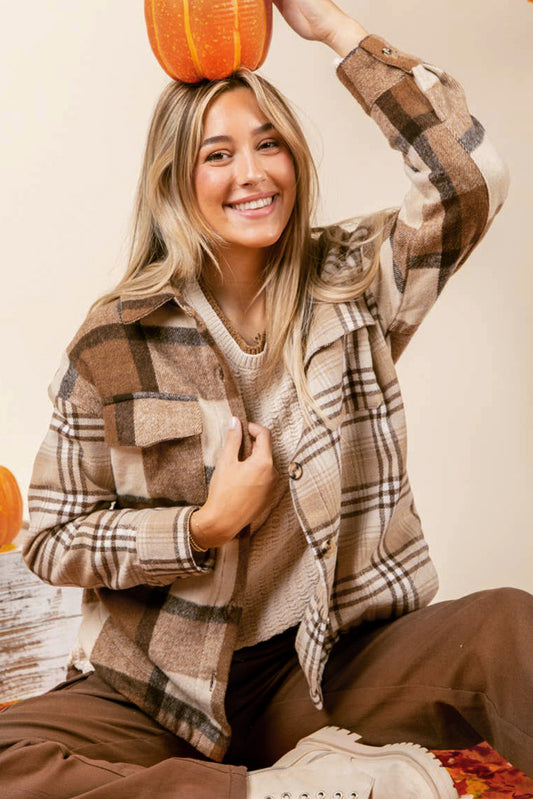 Light French Beige Flannel Plaid Patchwork Shacket 435ae3655f68d79b