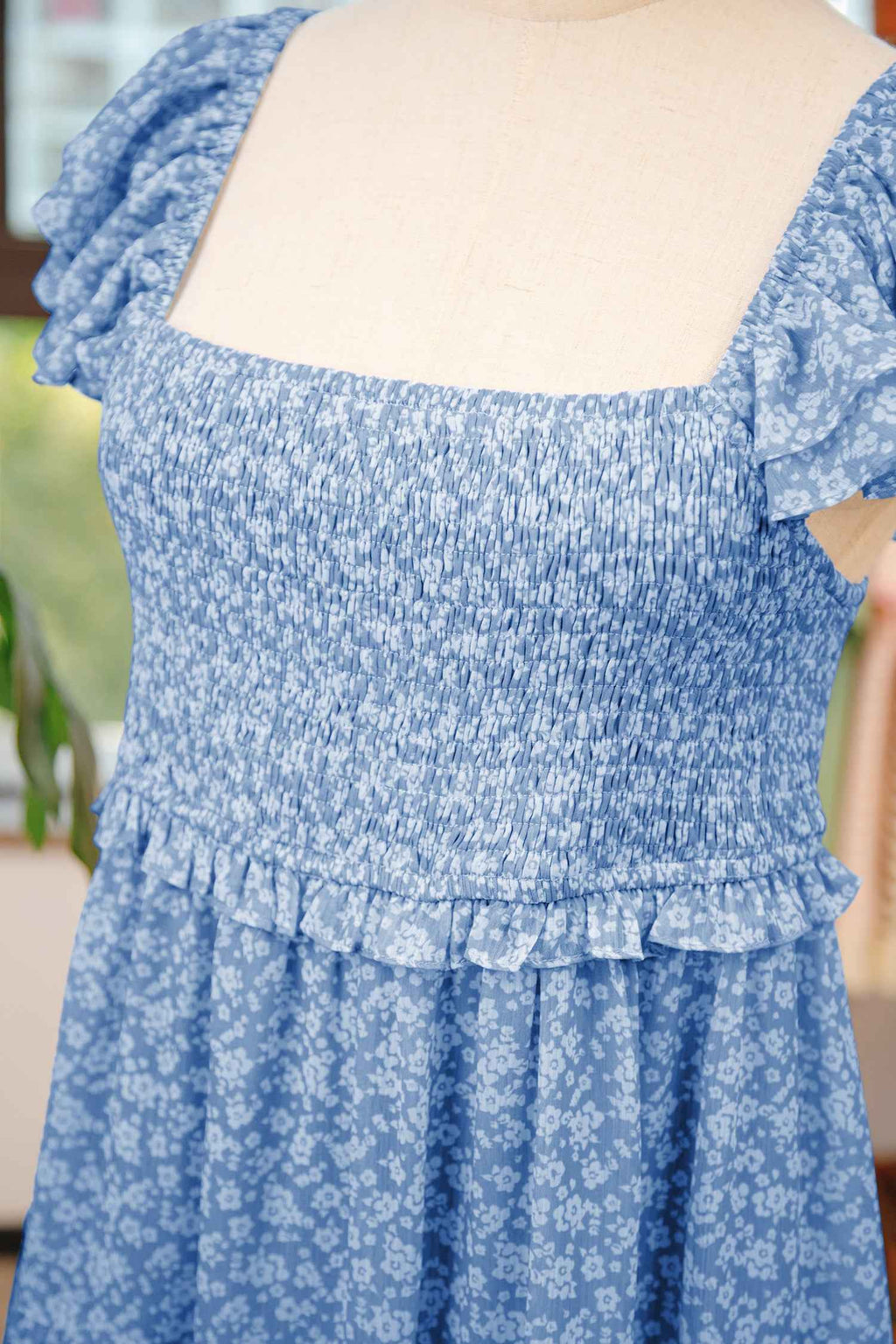 Sky Blue Floral Print Square Neck Flutter Sleeve Smocked Tiered Mini Dress 435be8ed000b7bf4