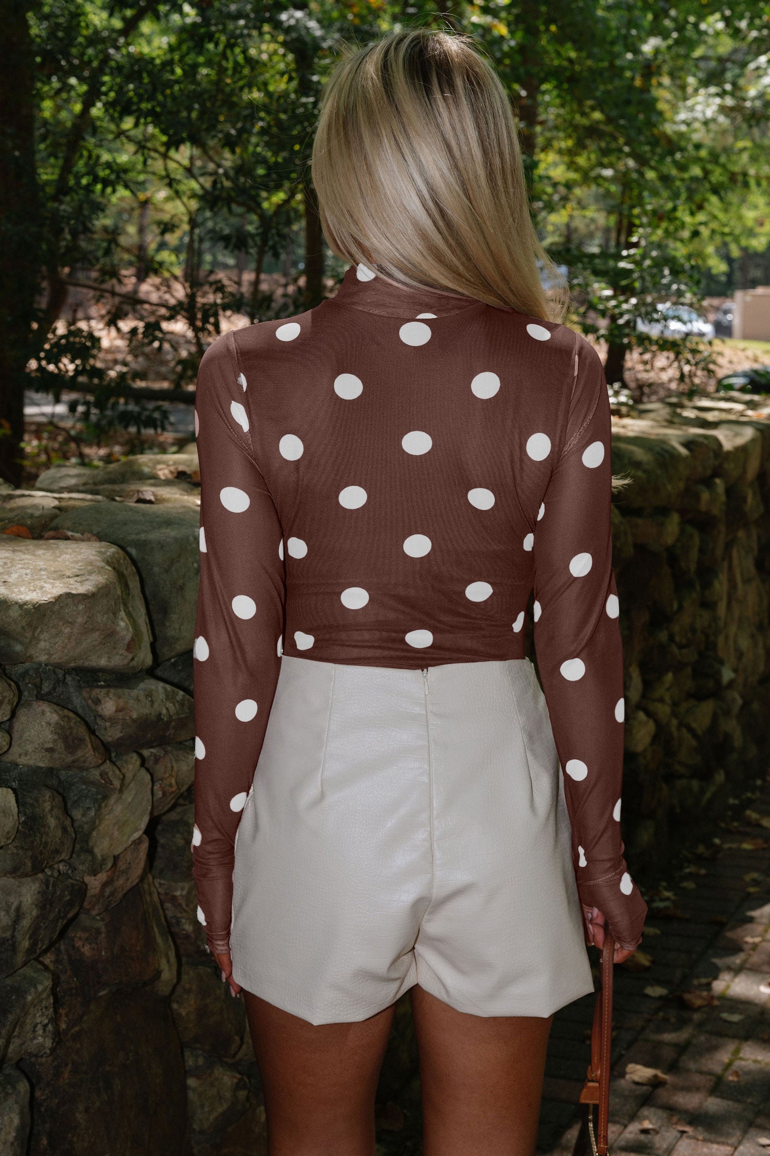 Brown Vintage Polka Dot Print Mesh Long Sleeve Bodysuit 435f676048cfae3b