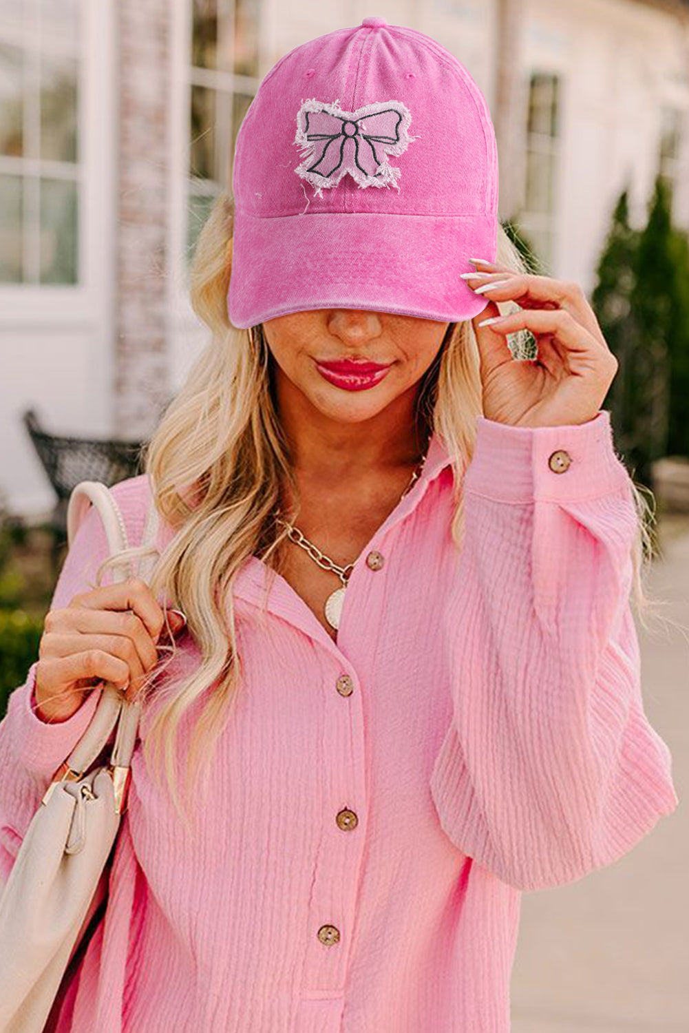 Rose Red Distressed Bow Patched Baseball Cap 436191b02388e109
