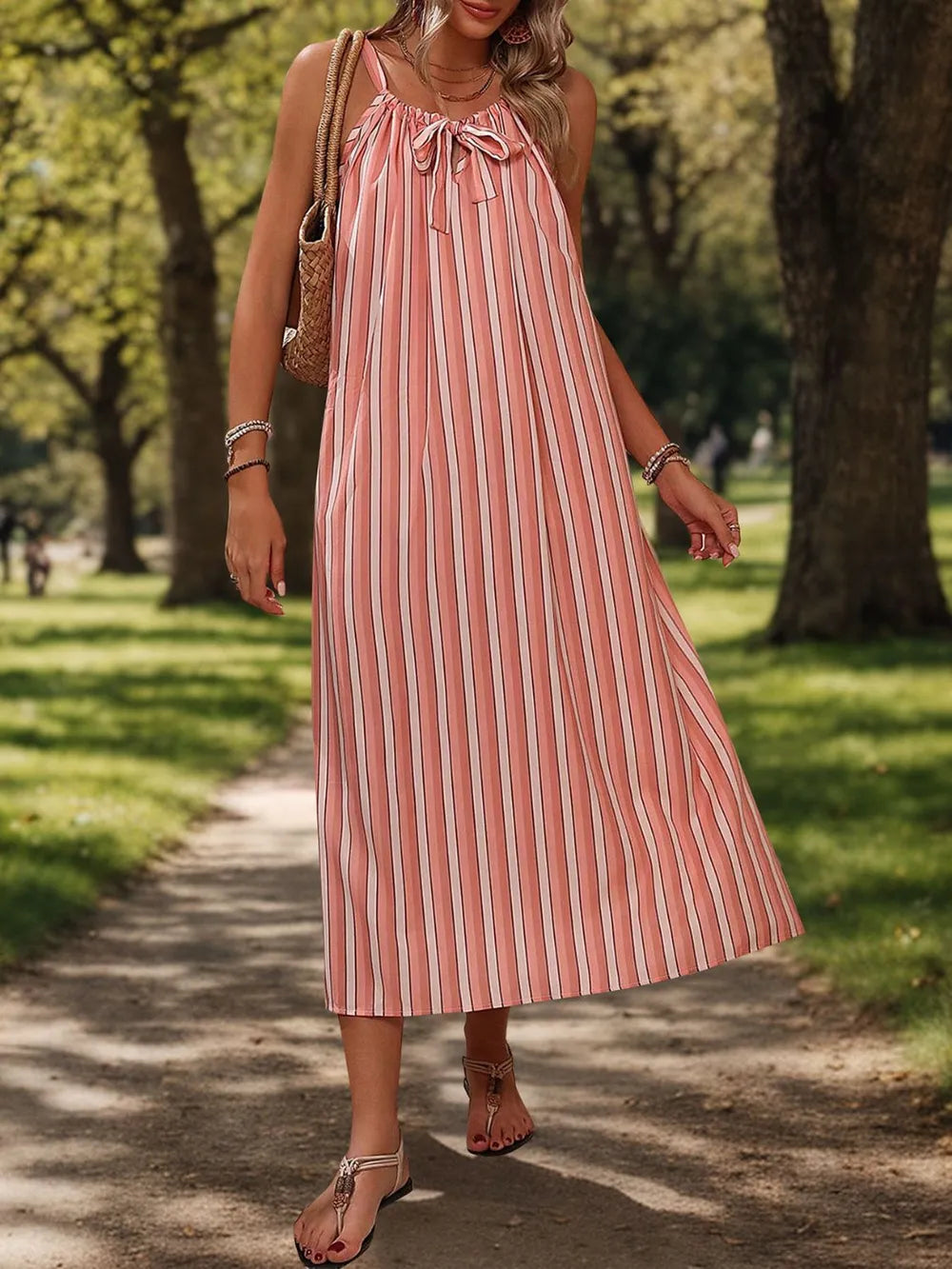 Perfee Striped Tie Neck Midi Cami Dress 43640b2f-7bd7-425f-9801-bac23a0c7740-Max