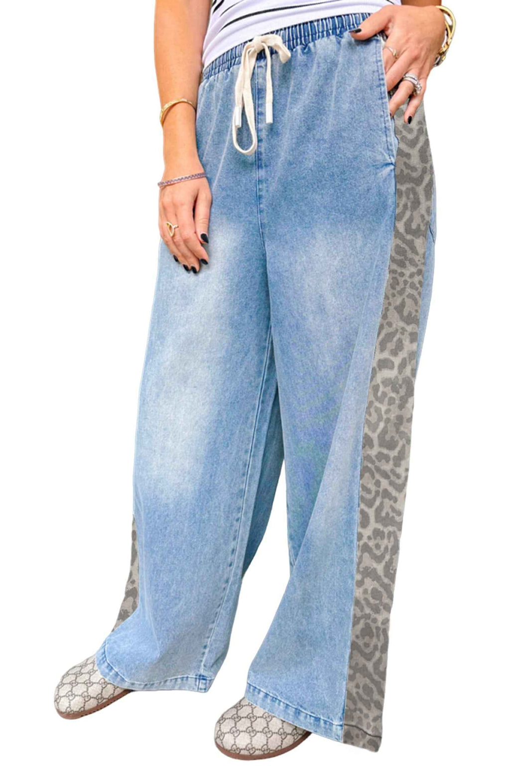 Beau Blue Drawstring Elastic Waist Leopard Striped Side Panel Wide Leg Jeans 4366b1106b5bdf43