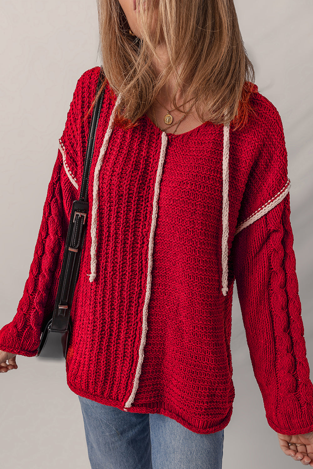 Racing Red Contrast Trim Textured Knit Drawstring Hooded Sweater 4368783956ce83a9