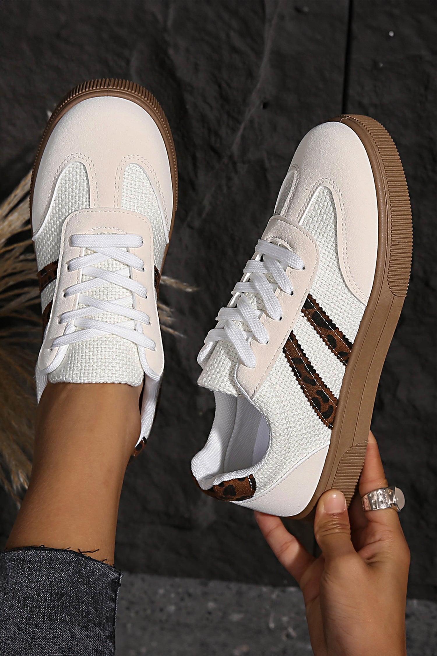 White Textured Woven PU Leather Leopard Patchwork Flat Sneakers White 100%Polyester+100%TPR 436eb3353b689850