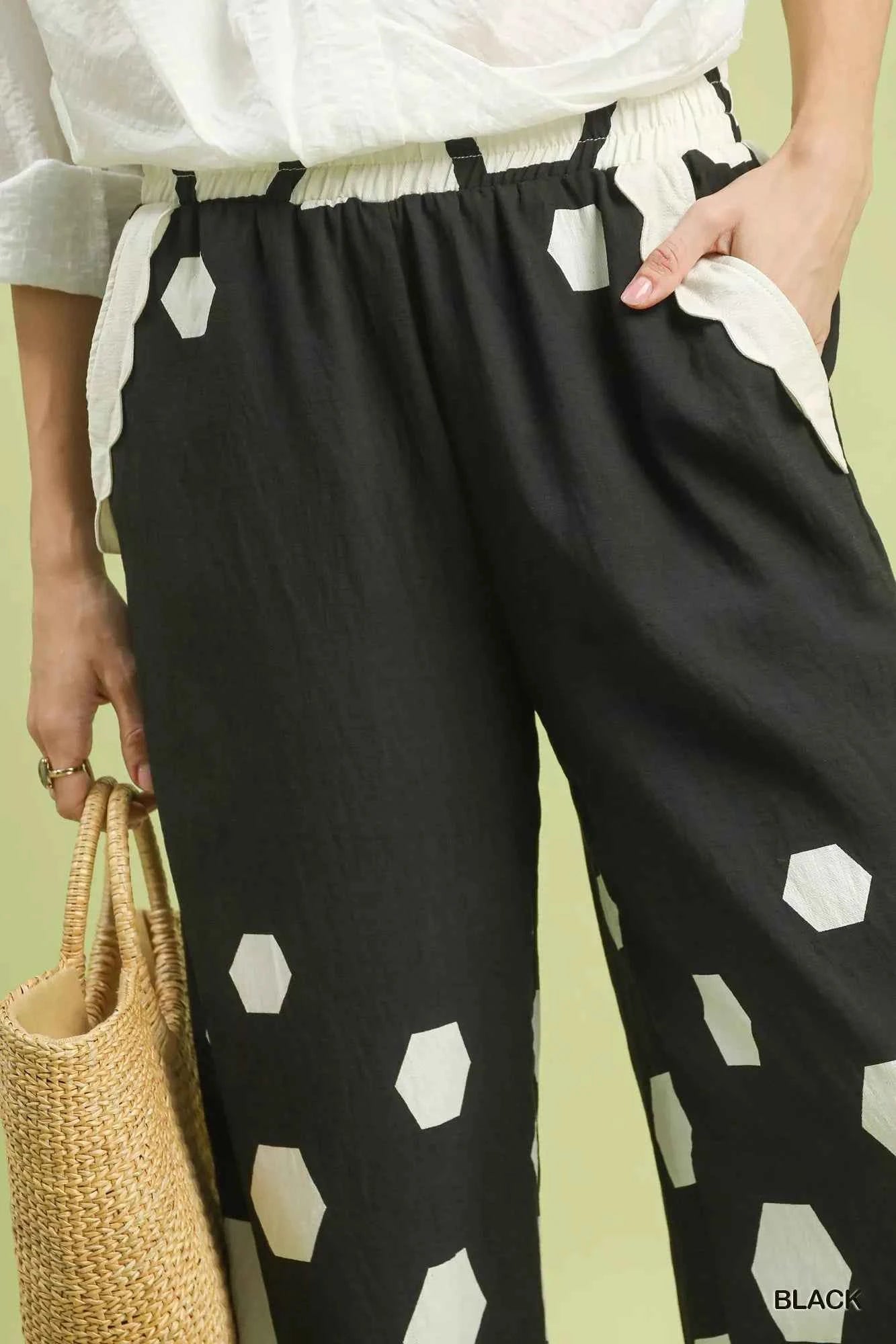 Umgee Hexagon Print Wide Leg Pants with Scalloped Hem 4373b001-2faf-4e2e-a811-53dadf258bc9-Max-Origin