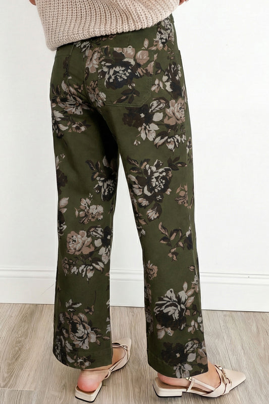 Green Vintage Floral Print Square Patch Pocket Raw Hem Shift Jeans 43771996c1f5fb1b