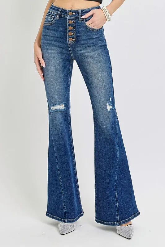 RISEN Distressed Button-Fly Flare Jeans Dark 43794f45-e4ab-4877-8a9b-fa2de744edca-Max
