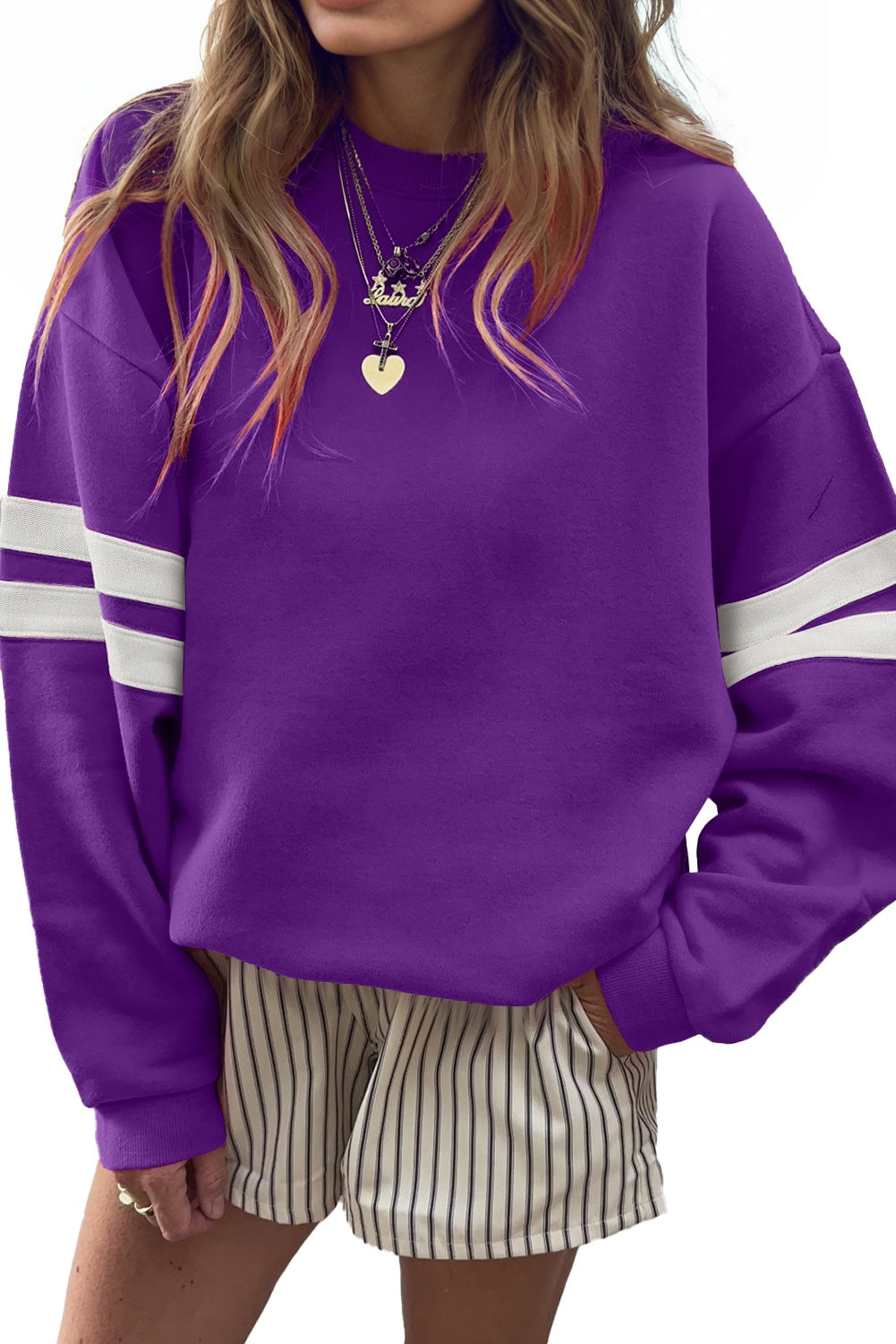 White Preppy Striped Sleeve Loose Sweatshirt 437eeef37f4abc9b