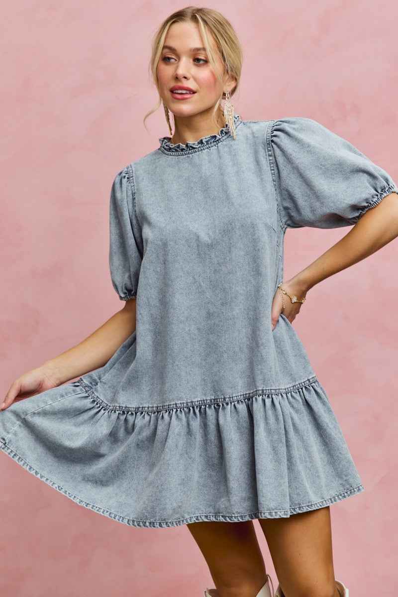 SO ME Denim Short Sleeves Mini Tiered Dress 4380e5f690aa48b2a4b4c47fc2eaab9b-Max