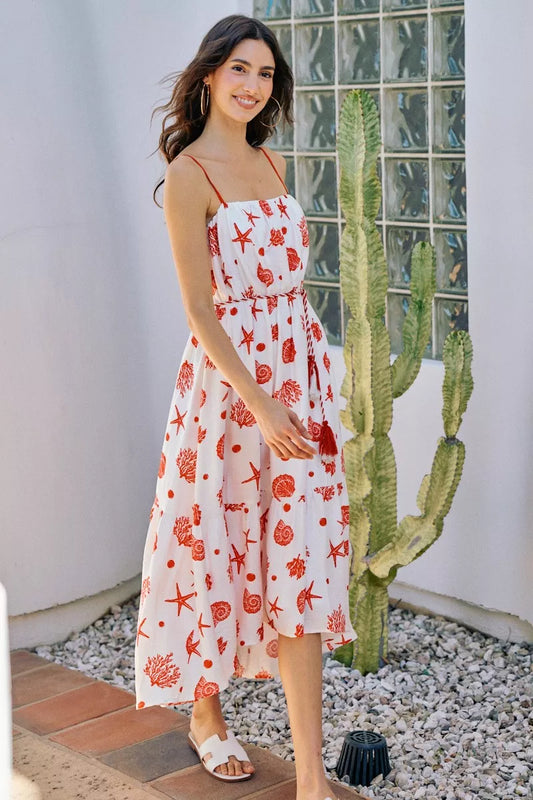 Shell Print Tiered Midi Cami Dress with Belt - Rayon Blend 43834c5b-2e35-44e5-8327-55e3891bf2bc-Max-Origin