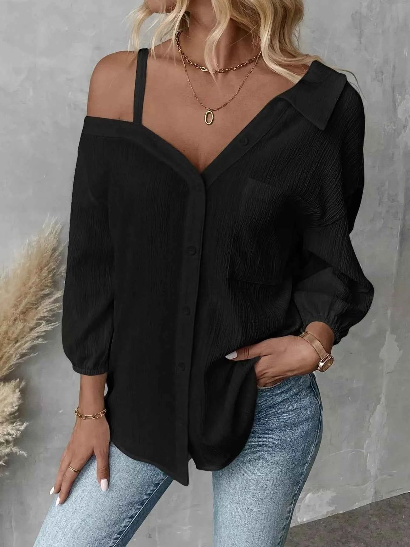 Asymmetrical Cold Shoulder Button Up Shirt