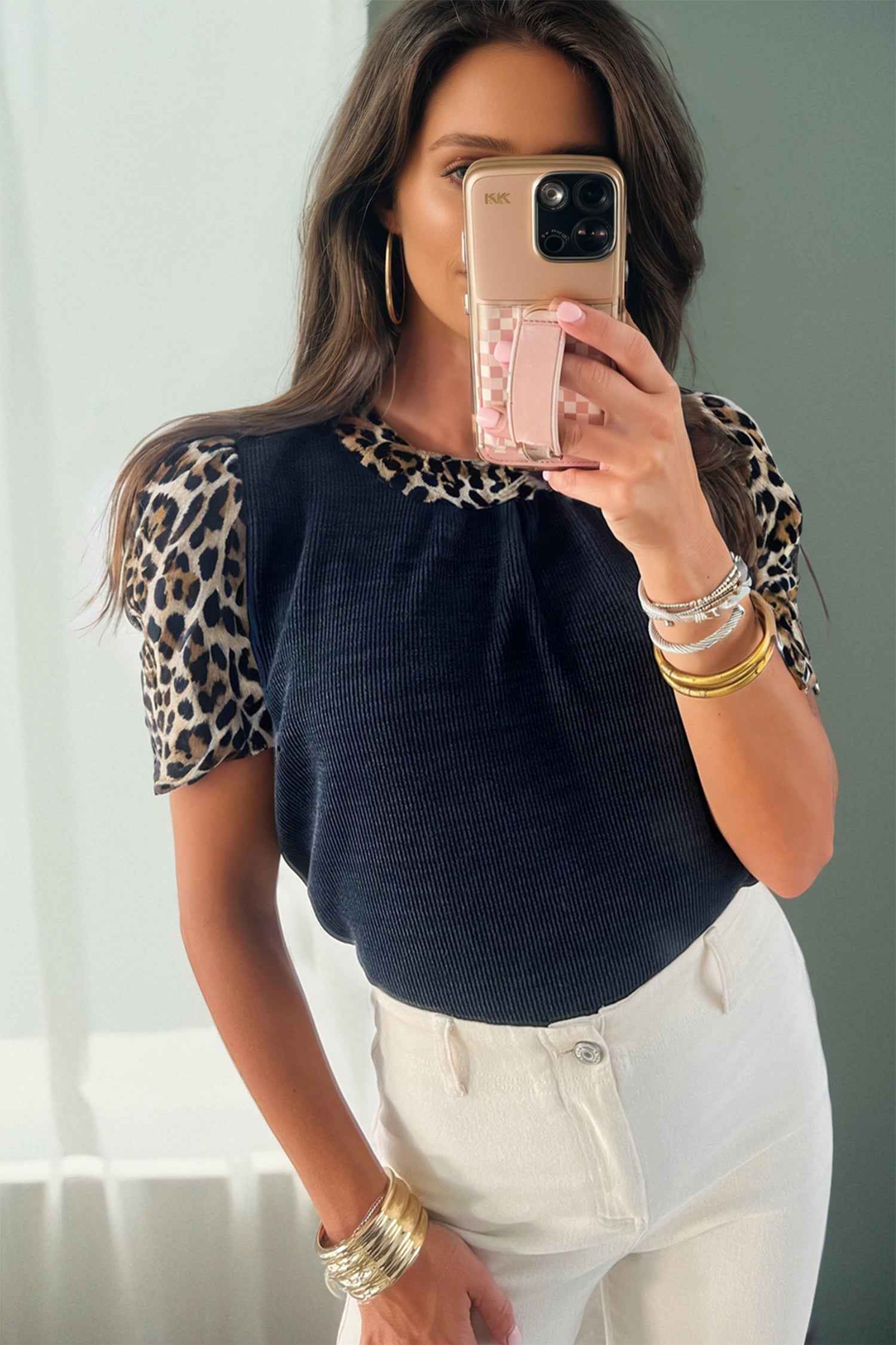Navy Blue Ribbed Contrast Leopard Patchwork Short Sleeve Top 43854e9e38bcac0c