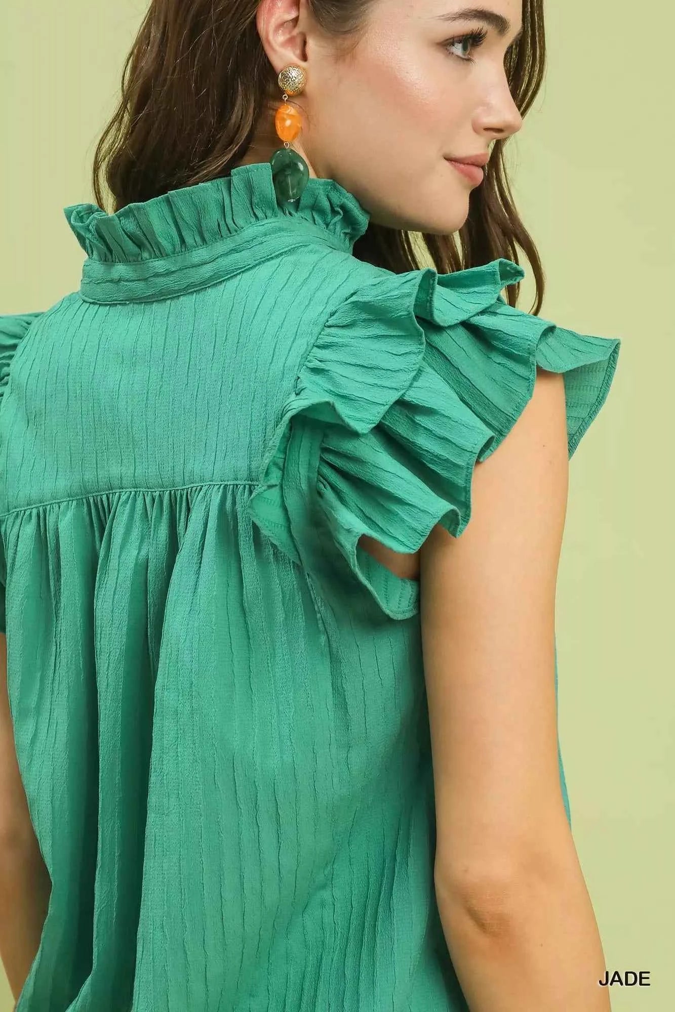 Umgee Ruffle Sleeve Textured Babydoll Blouse 43859a3c-4057-487e-8068-f9870859edd2-Max-Origin