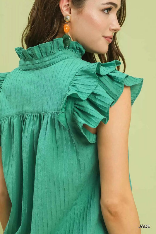 Ruffle Sleeve Textured Babydoll Blouse 43859a3c-4057-487e-8068-f9870859edd2-Max-Origin