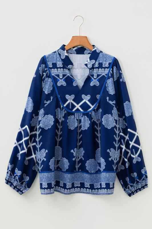 Plus Size Floral Notch Neck Long Sleeve Blouse Blue 438a1449-4f8e-48f1-a9c1-0b16bf425946