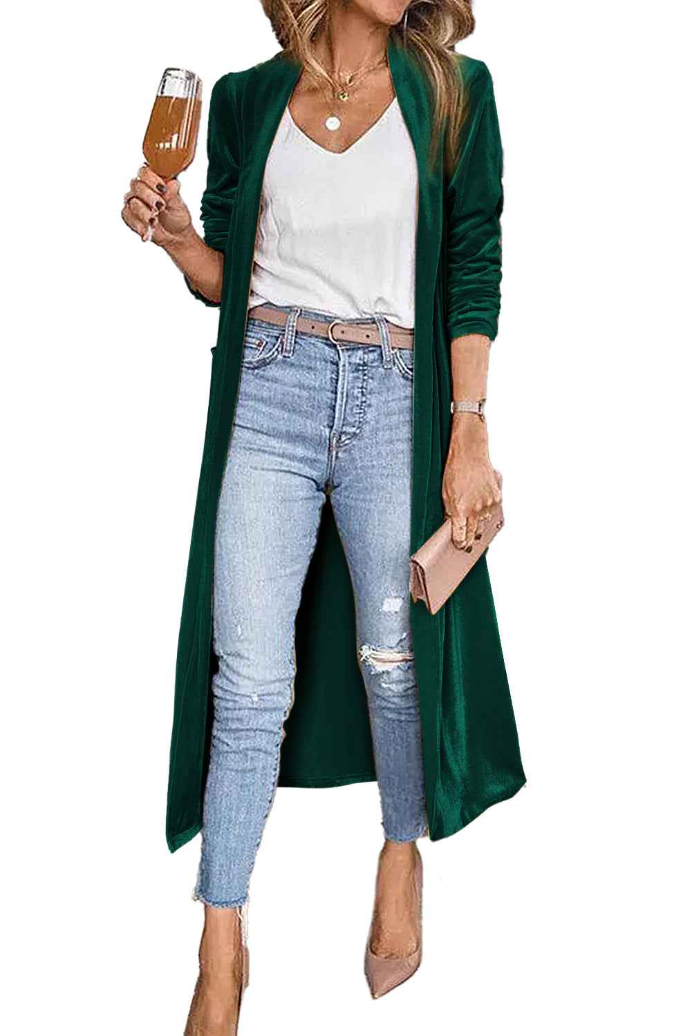 Red Velvet Elegant Open Front Pocket Long Cardigan 438a97a578b9bc44