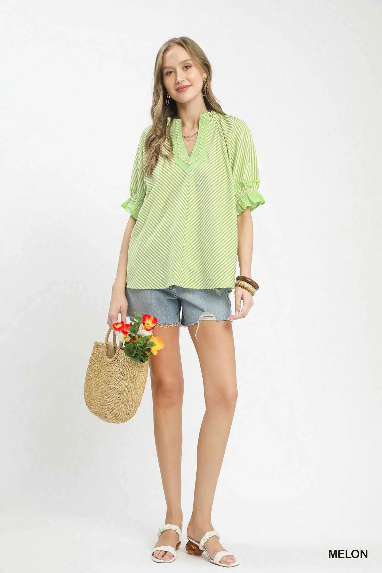 Umgee Stripe Ruffle Sleeve Split-Neck Blouse 43939139-9ab2-415c-972c-3a6e3d9579ac-Max