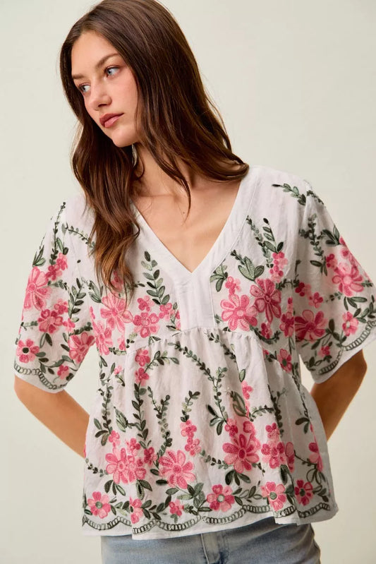 Floral Embroidered V Neck Bo Blouse Top OFF WHITE PINK 4399350f-feda-46b2-ae46-acaaeeb8bac5-Max-Origin