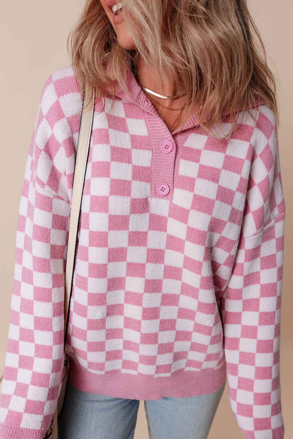 Pink Checkered Buttons Collar V Neck Drop Shoulder Sweater Pink 50%Viscose+28%Polyester+22%Polyamide 439c812d5a7215f5
